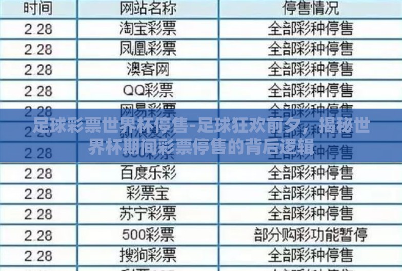 足球彩票世界杯停售-足球狂欢前夕,揭秘世界杯期间彩票停售的背后逻辑 足球彩票世界杯停售-足球狂欢前夕,揭秘世界杯期间彩票停售的背后逻辑