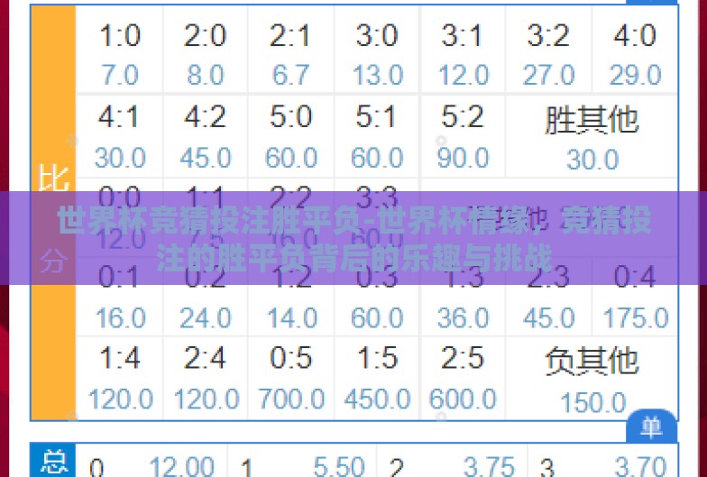 世界杯竞猜投注胜平负-世界杯情缘，竞猜投注的胜平负背后的乐趣与挑战