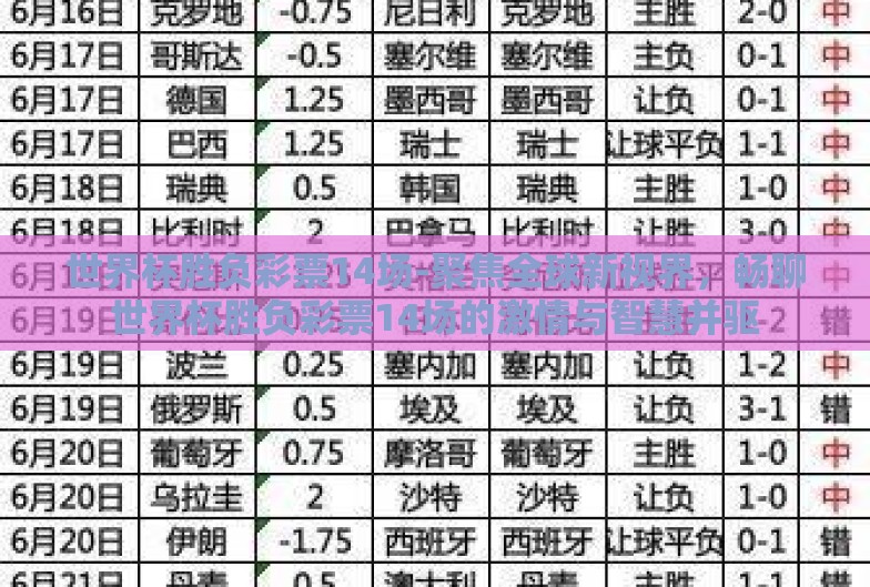 世界杯胜负彩票14场-聚焦全球新视界，畅聊世界杯胜负彩票14场的激情与智慧并驱