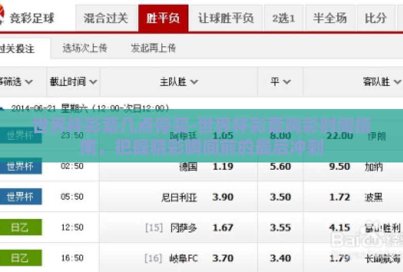 世界杯彩票几点停买-世界杯彩票购彩时间指南,把握精彩瞬间前的最后冲刺 世界杯彩票几点停买-世界杯彩票购彩时间指南,把握精彩瞬间前的最后冲刺